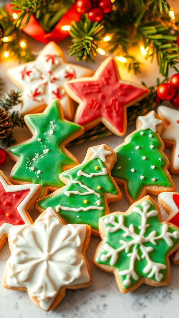 Decorated Christmas sugar cookies in festive shapes on a holiday-themed table.